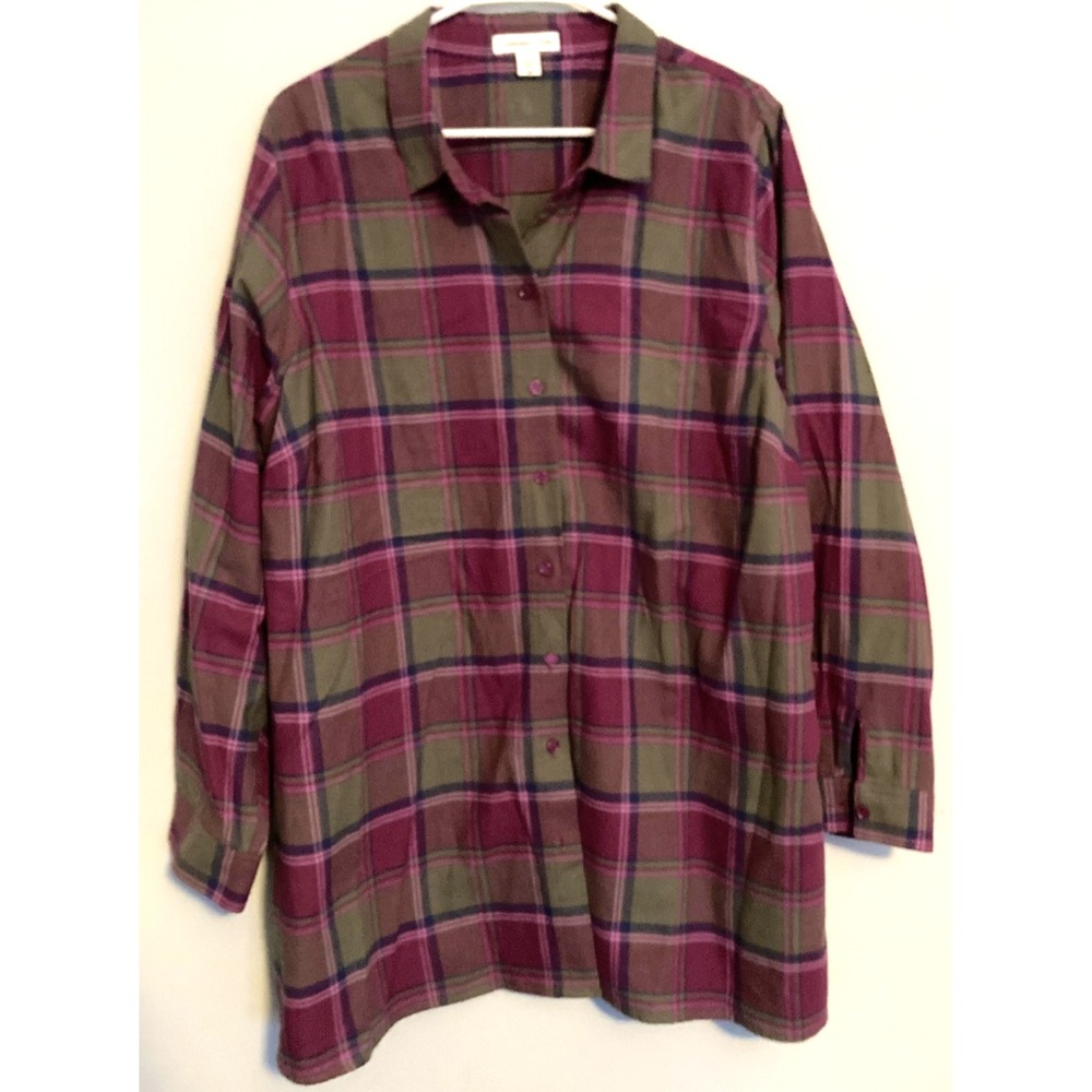 Coldwater Creek Shirt Womens 3X Purple Green Plaid Button Front Long‎ Sleeve EUC